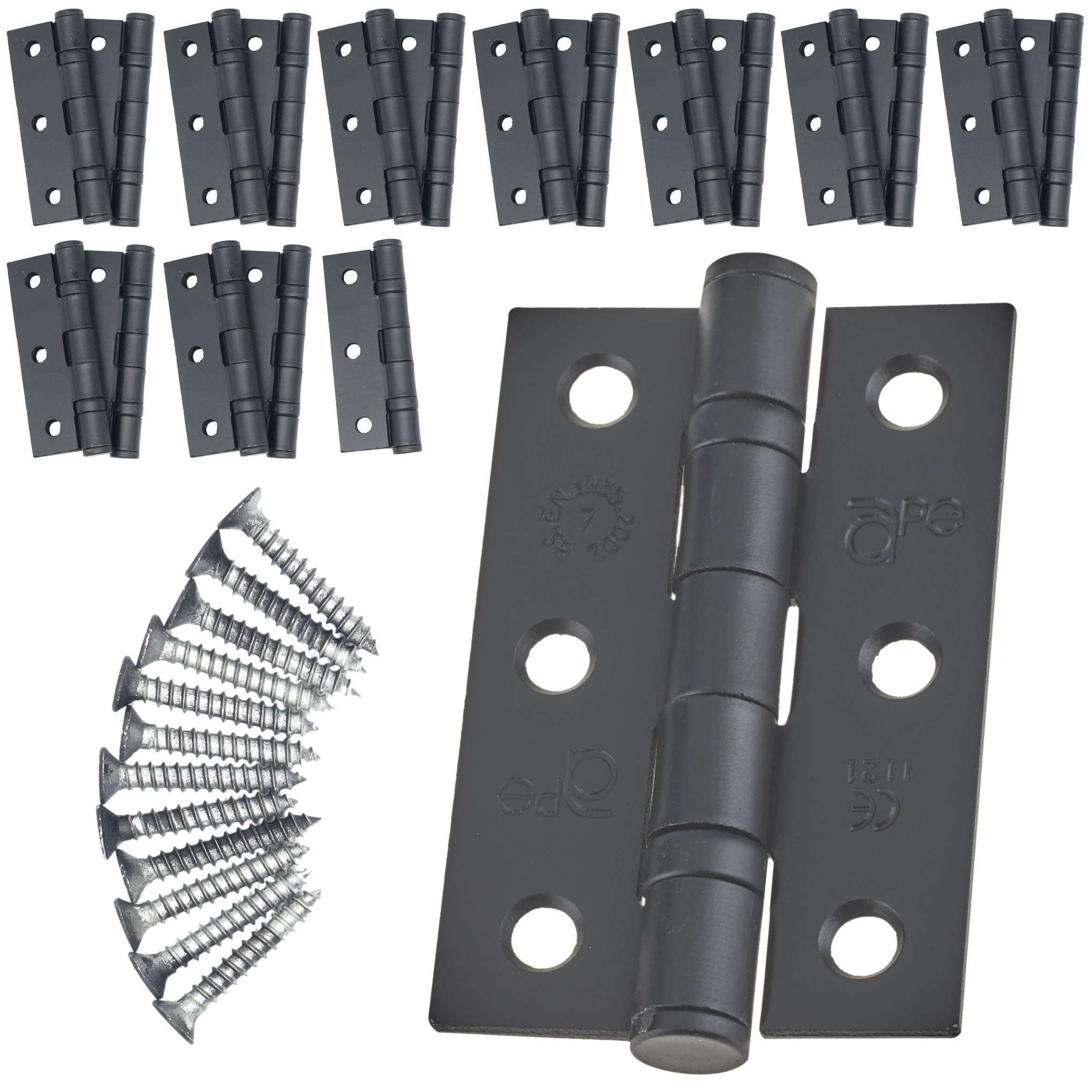 Door Hinges 3" 76mm Ball Bearing 10 Pair Pack [20 Hinges & Screws] Black