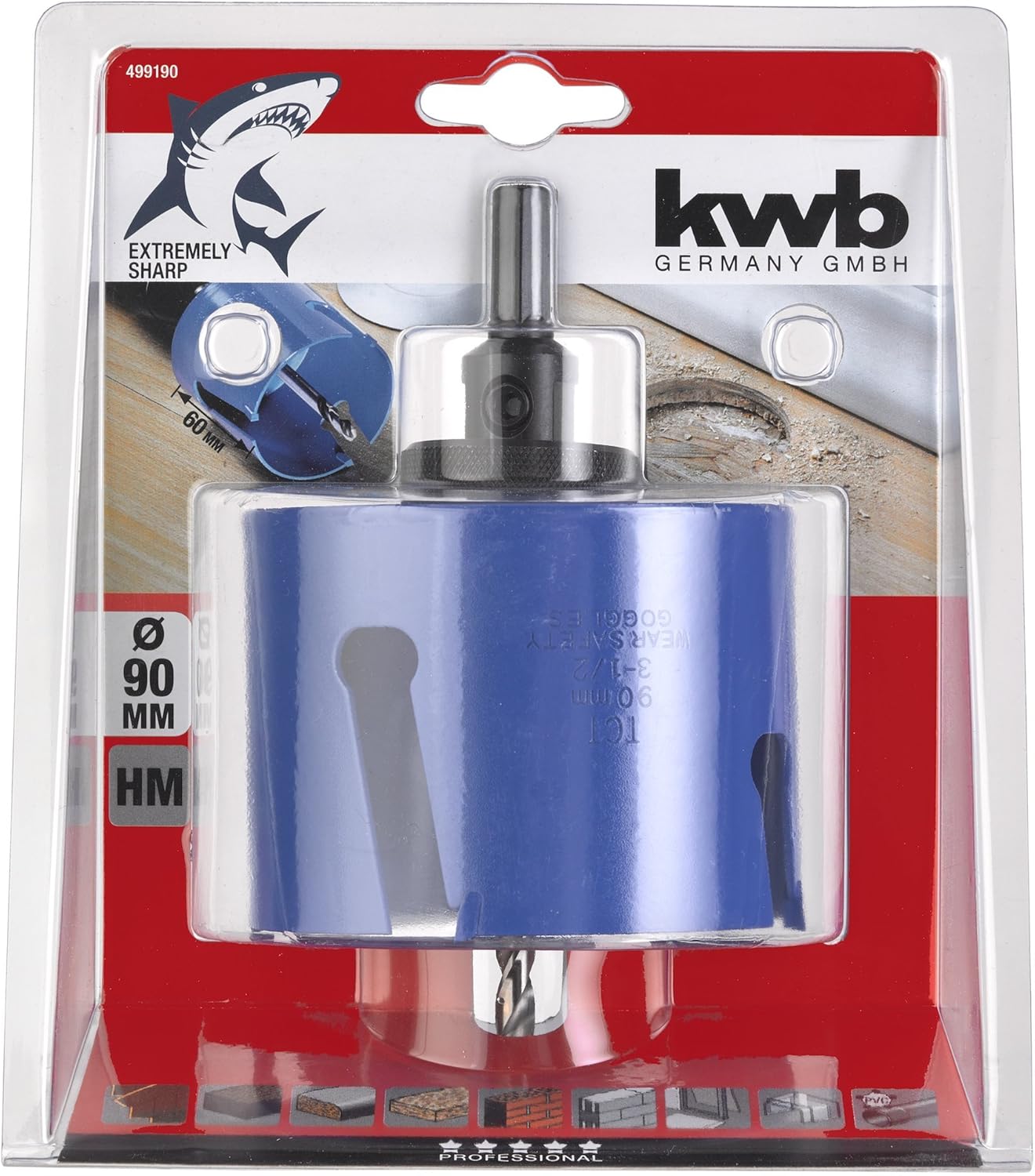 kwb Universal Hole Saw - 90 mm Diameter Size, Extra Sharp Carbide Teeth, 8 mm Center Drill, Blue / Silver, 90mm - Image 4