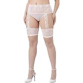 Quilax Thigh High Stockings Plus Size, Lace Top Plus Size Fishnet Stockings for Women,Suspender Pantyhose Thigh Highs Fishnet