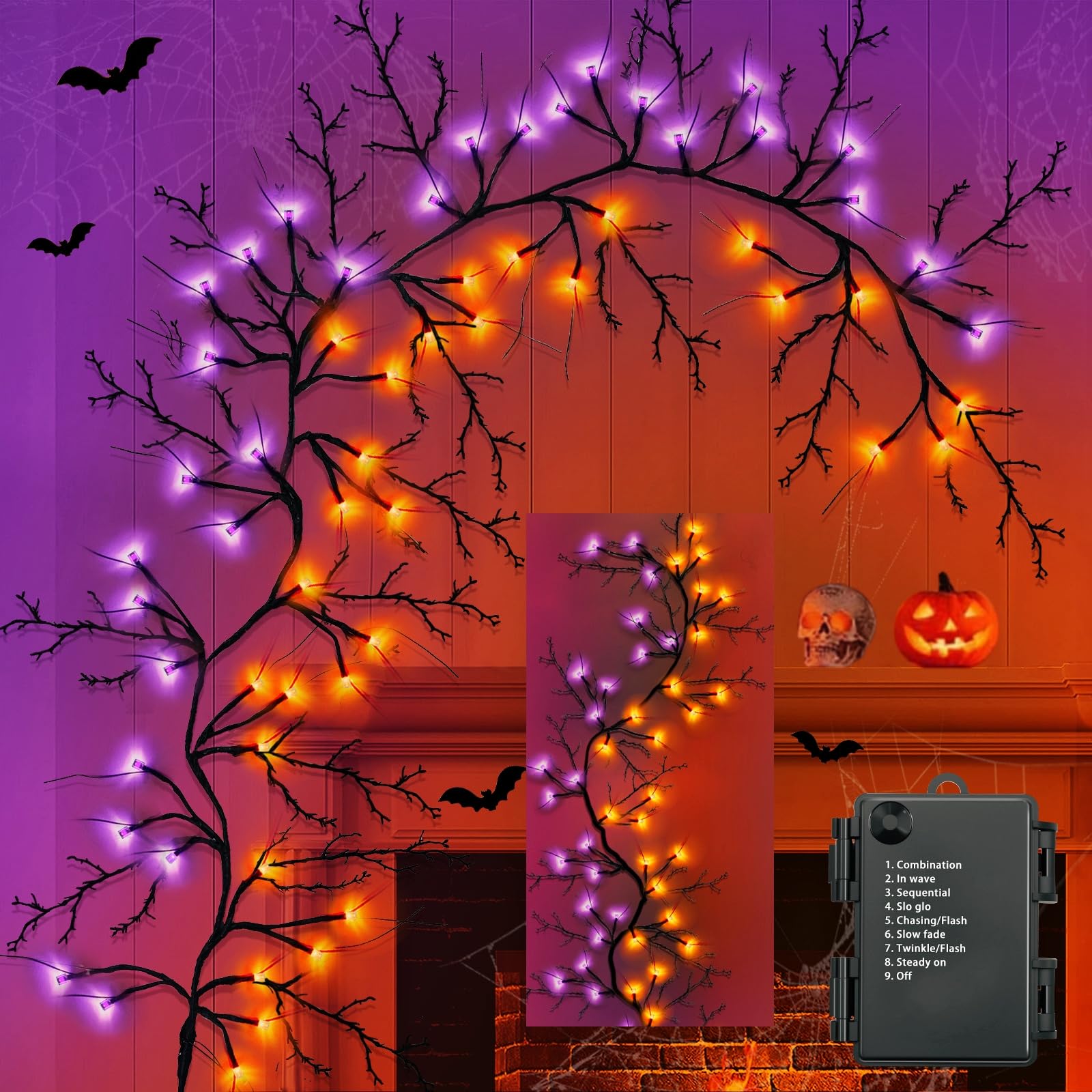 Photo 1 of [8 Modes & Timer] 9 Ft 72LED Halloween Garland with Lights, Orange Purple Willow Vine Twig Garland Battery Operated Indoor Outdoor Fireplace Table Wall Home Party Halloween Decor