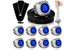 Landical 10 Pcs Operation Christmas Championship Trophy Rings Bulk MVP Winner Youth Award Gift with Neck Chains and Display Stand for Basketball Baseball Football Volleyball Softball