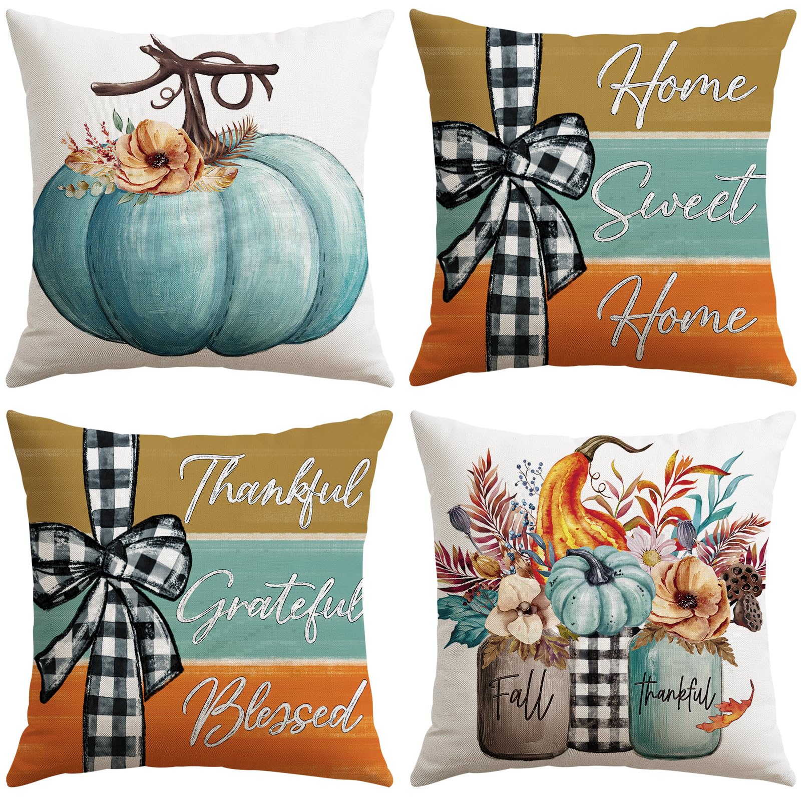 Photo 1 of Artscope Fall Decorative Throw Pillow Covers 20x20 Inch Set of 4 Fall Gifts for Home Decor, Autumn Pumpkin Sweet Home Thankful Grateful Blessed Outdoor Farmhouse Pillow Cases for Sofa Couch-Blue