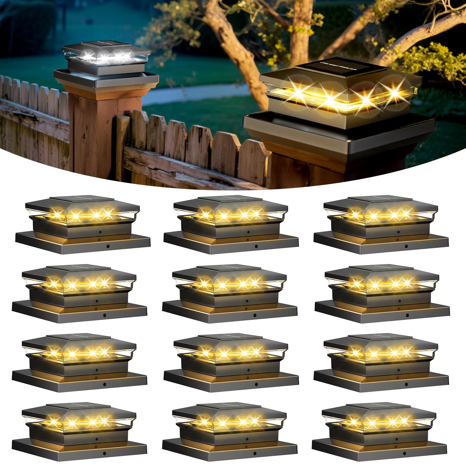 Photo 1 of Solar Post Cap Lights 12 Pack, Fence Post Solar Lights, Warm White/Cool White Lighting, Black Waterproof Outdoor Post Lights for Garden Patio Porch, 4x4, 5x5 or 6x6 Vinyl/Wooden Posts