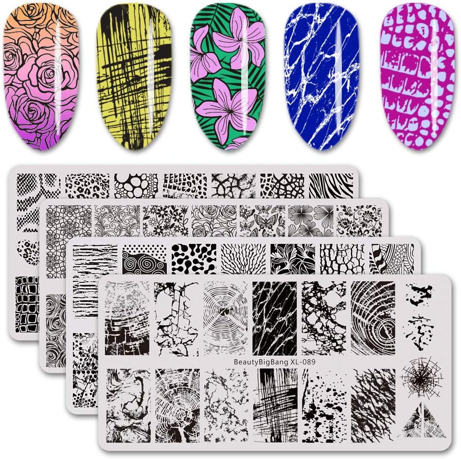 BEAUTYBIGBANG 4Pcs Nail Stamping Plate Veins Theme - Marble Leaves Flowers Animals Veins Image Pattern Nail Art Solon Design Template Set BBB-003 039 089 099