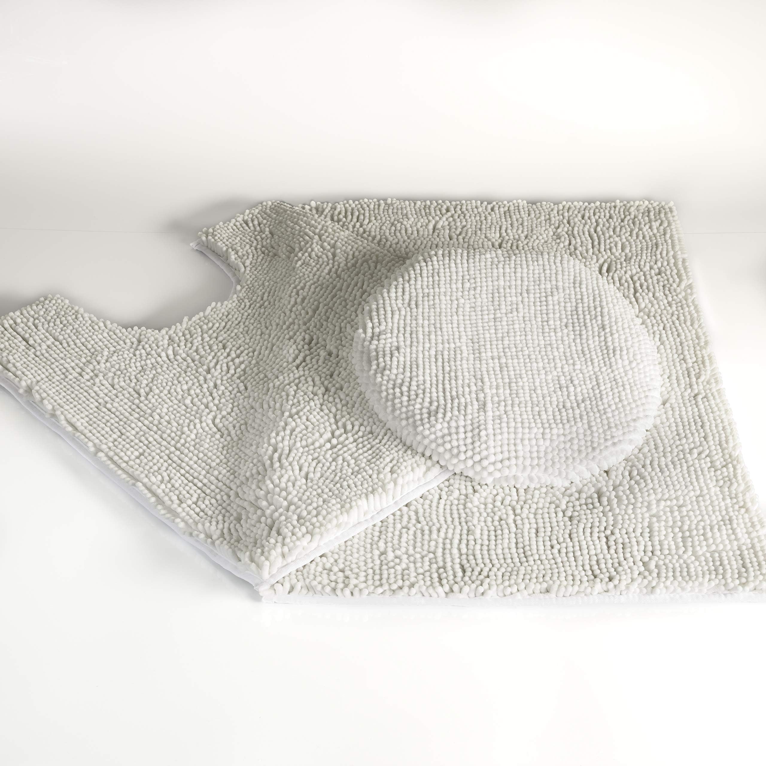Fluffy Grip Plush Luxury Chenille Bath Mat 3 Pieces Washable Bathroom Rugs Set, U-Shape Contoured Toilet Mat & Rug&Lid Cover,Soft,Water Absorbent Rugs for Tub Shower & Bath Room,White