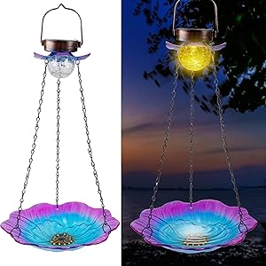 MAGGIFT Solar Powered Bird Bath for Outdoor Hanging, Wild Bird Feeder Glass Flower Seed Tray Outside, Waterproof Birdfeeders Solar Garden Crackle Glass Ball Light Warm White LED Landscape Lighting
