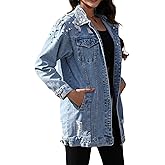 YPCT Women's Long Sleeve Button Down Pearl Jean Jacket Boyfriend Long Denim Coat