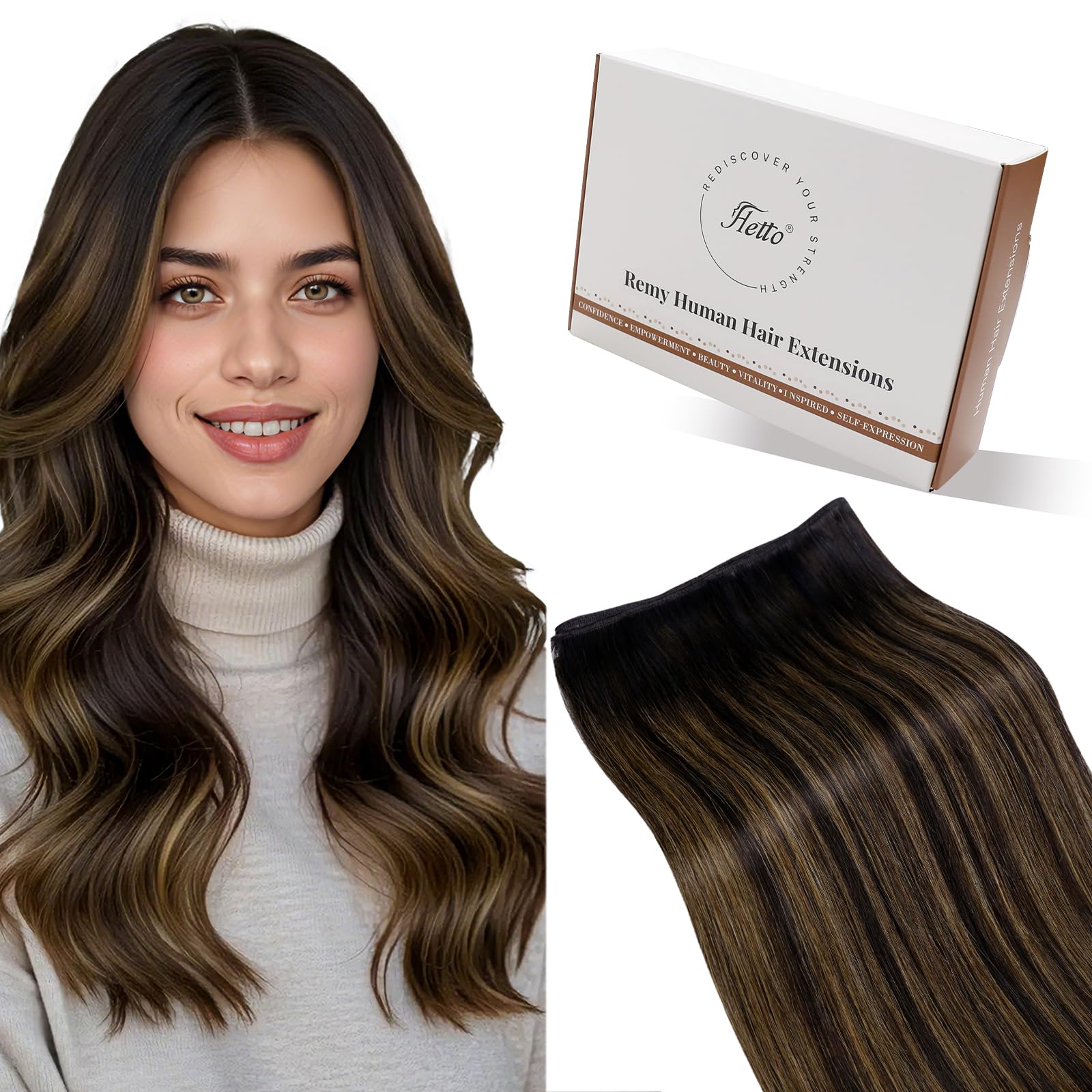Hetto Weft Hair Extensions Real Human Hair Balayage Dark Brown Mix Light Brown 16 Inch - Salon Quality Sew in Human Hair Wefts, Reusable for Daily Wear Full Head Styling 80g #2/8/2 — image 1