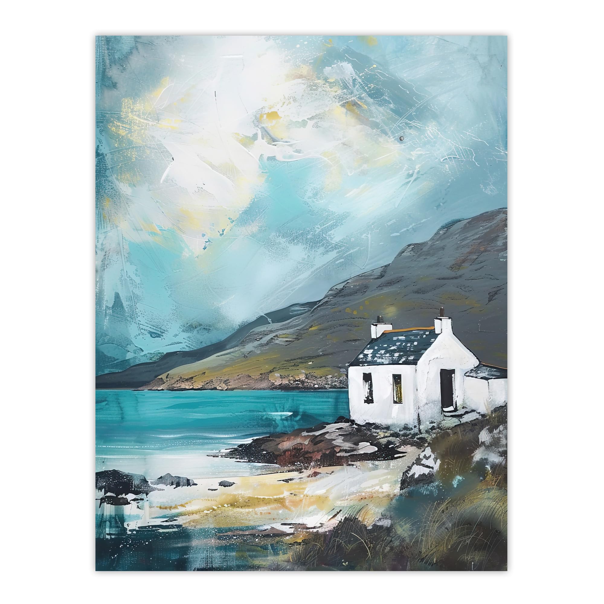 Artery8 White Scottish Cottage Loch Hills Oil Painting Living Room Extra Large XL Wall Art Poster Print