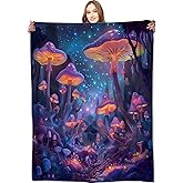 VODRM Mushroom Blanket Enchanted Forest Throw Blankets,Birthday Gifts for Kids Adult,Lightweight Soft Fleece with Glowing Starry Night,for Sofa Couch Bed Room Artistic Decor 50x60in