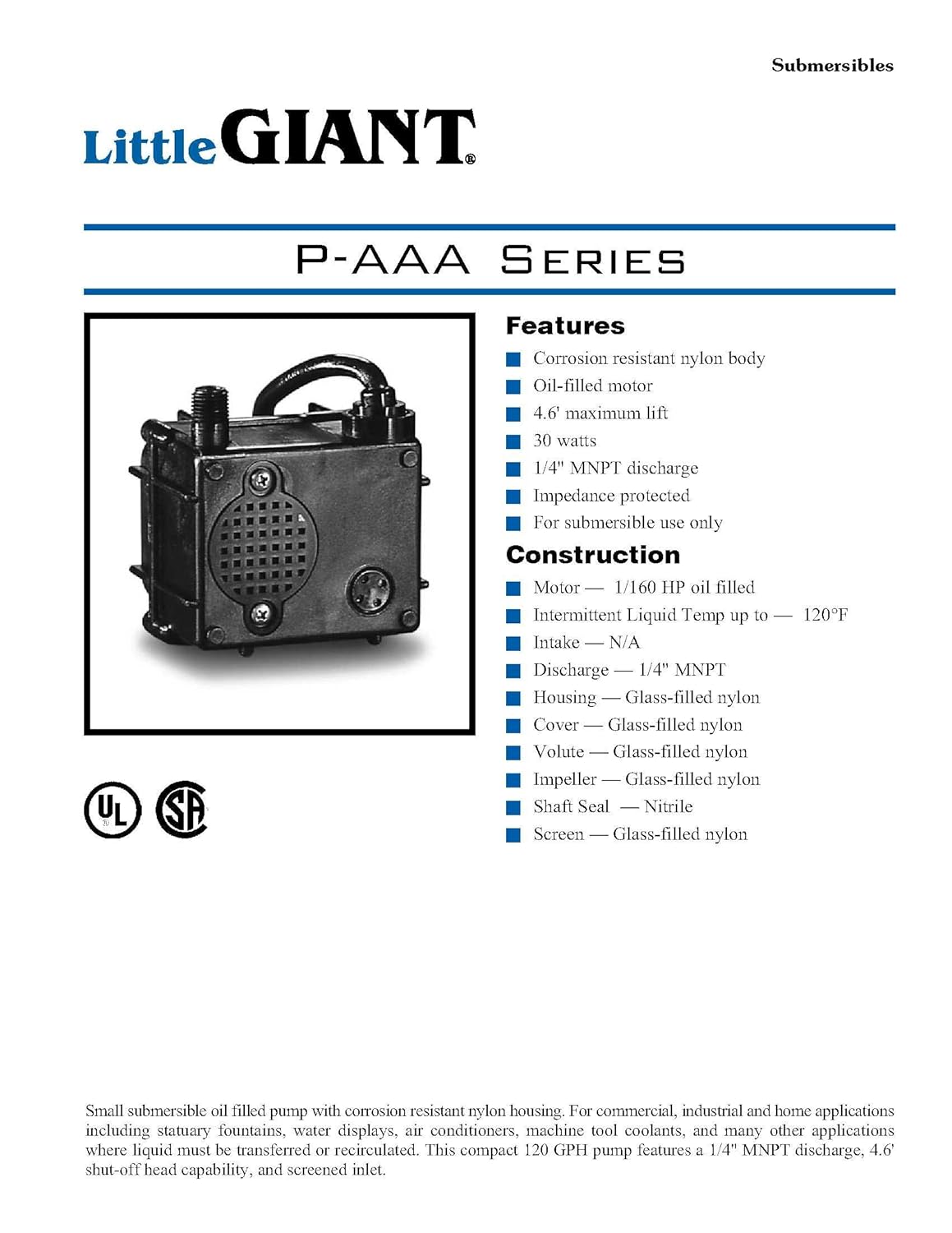 Amazon.com: Little Giant 523003 P-AAA Manual Submersible Recirculating  Water Pump with 4.6 ft. maximum lift, Sump Pump for statuary fountains, ...