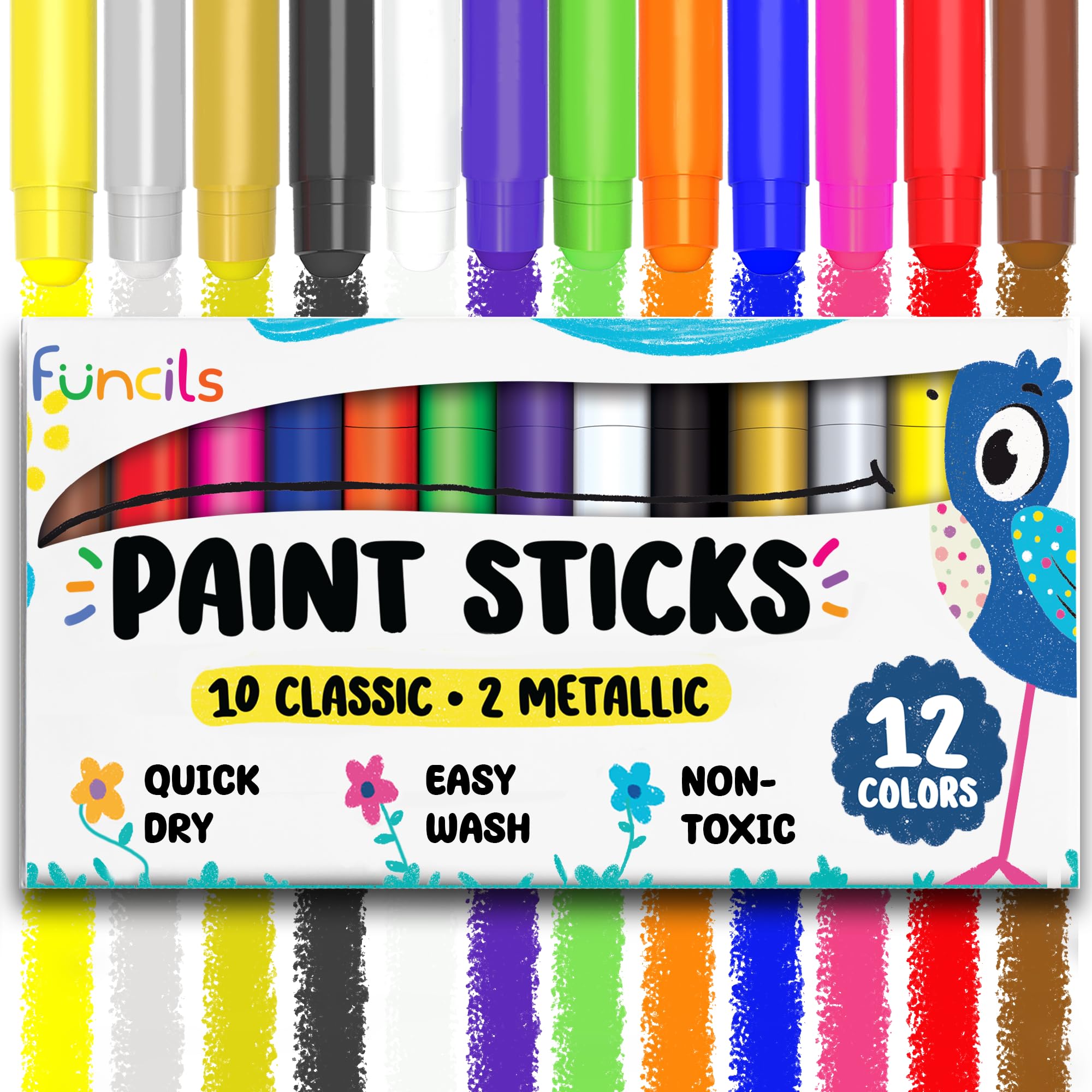 Funcils 12 Tempera Paint Sticks for Kids & Toddlers - Quick Dry, Non-Toxic Washable Paint for Kids - Art & Craft Supplies Set, Children Painting Pens with Metallic Gold & Silver Color Ages 1 2 3 4 5 6