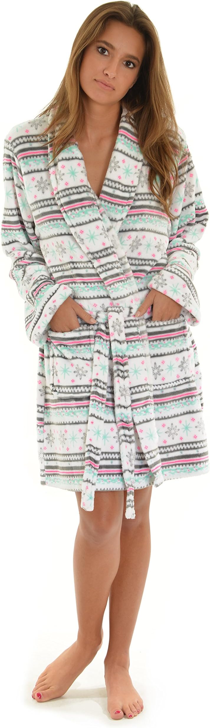 Womens Bath Robe Plush Fleece White Pink Gray Teal Snowflakes Fairisle Print