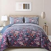 WONGS BEDDING 3 Pieces Quilt Set Queen Size, Blue-Purple Floral Bedspread Coverlet Set, Soft Microfiber Lightweight Floral Bedding Set Queen 96"×90"