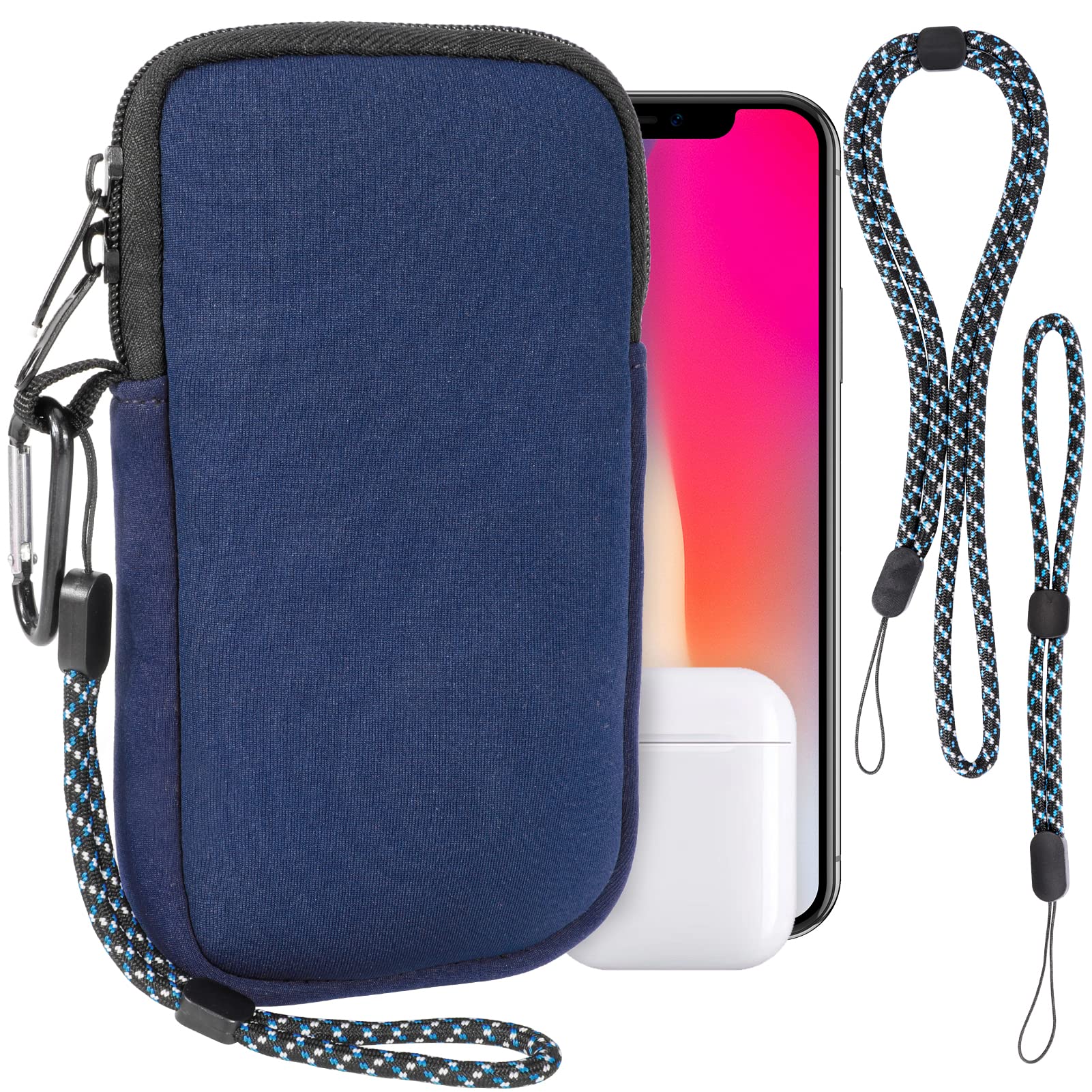 Pwsap Phone Sock, Universal Shock & Impact Resistant Neoprene Pouch with Carabiner and Lanyard Strap Sleeve Case for Hiking & Travelling Phone Bag Fits Phones up to 7 Inches, Blue, M