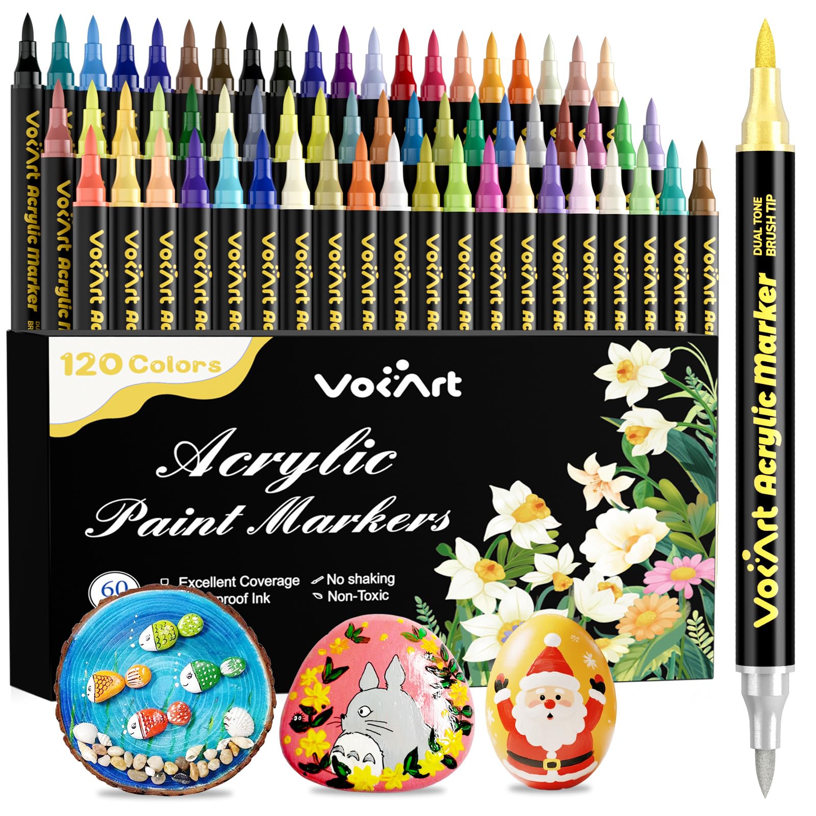 View 1 of 120 Colors Acrylic Paint Markers - 60 Dual Tip Brush Tip Acrylic Paint Markers Pens for Rock, Canvas, Ceramic, Wood, Glass, Paper - DIY Art Supplies for Artists, Kids, Adults, Holiday Decorations