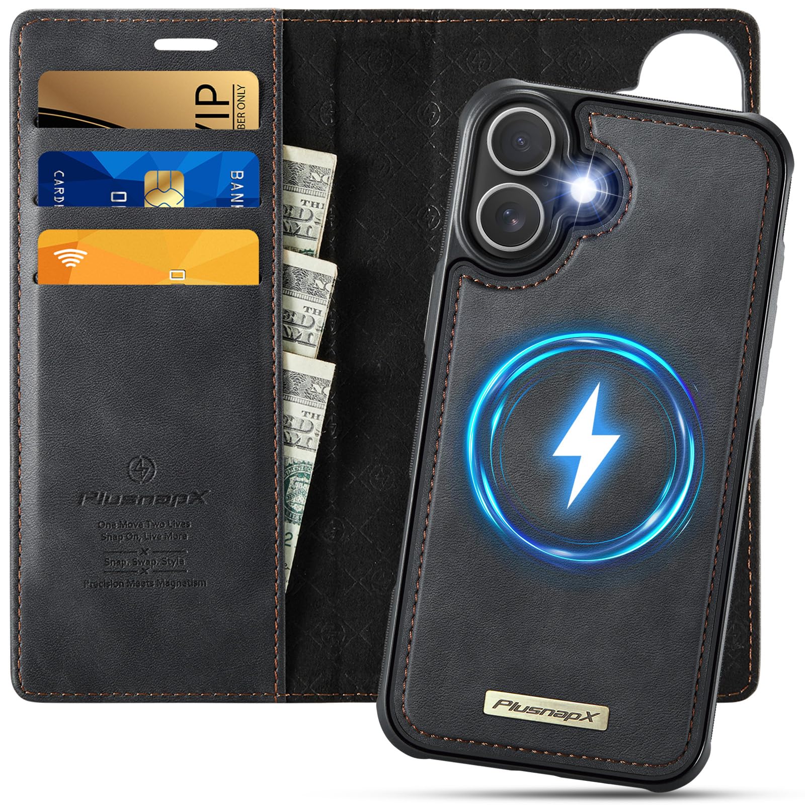 Photo 1 of PlusnapX Wallet Case for iPhone 16 Compatible with Magsafe, 2-in-1 PU Leather Flip RFID Blocking Card Holder Stand Shockproof Magnetic Detachable Cover for iPhone 16 Case 6.1", Black