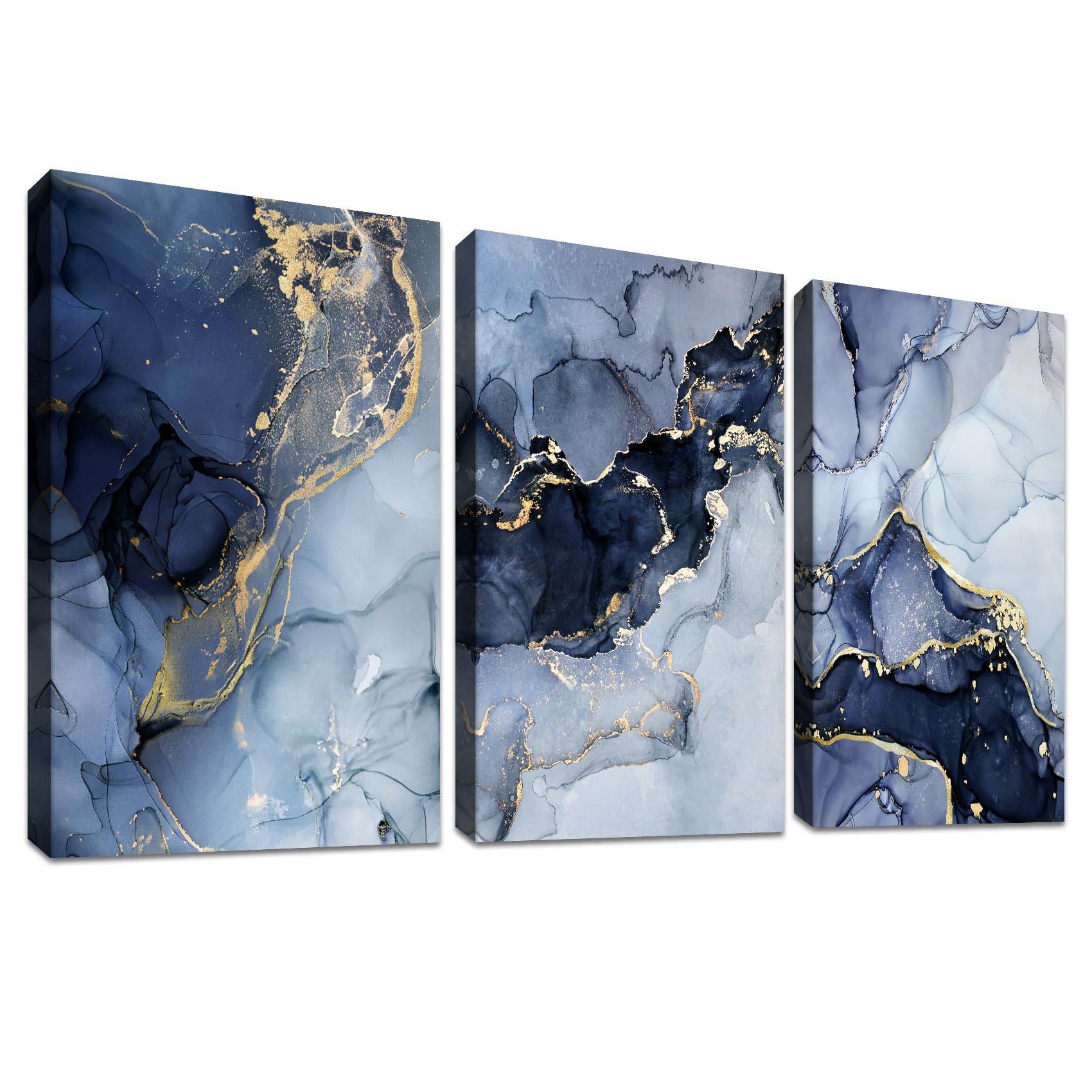 3 Panels Wooden Framed Navy Blue White Gold Marble Canvas Wall Art Painting on Canvas Print Picture for Living Room Hallway Stairs Bedroom Bathroom Wall Decor Ready To Hang 90x40cm(12"x16"x3pcs) — image 1