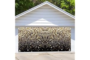 LACOIIME 7X16ft Large Black Gold Garage Door Background Decoration, Adult Kids Birthday Party Photo Backdrop Decor Banner, Black and Gold Wedding Parties Photography Background