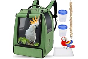 DJAER Bird Backpack Travel Cage for Cockatiel, Parrot, Parakeet With 2 Bowls Tray and Standing Perch - African Grey Carrier for Large and Small Birds (Green)