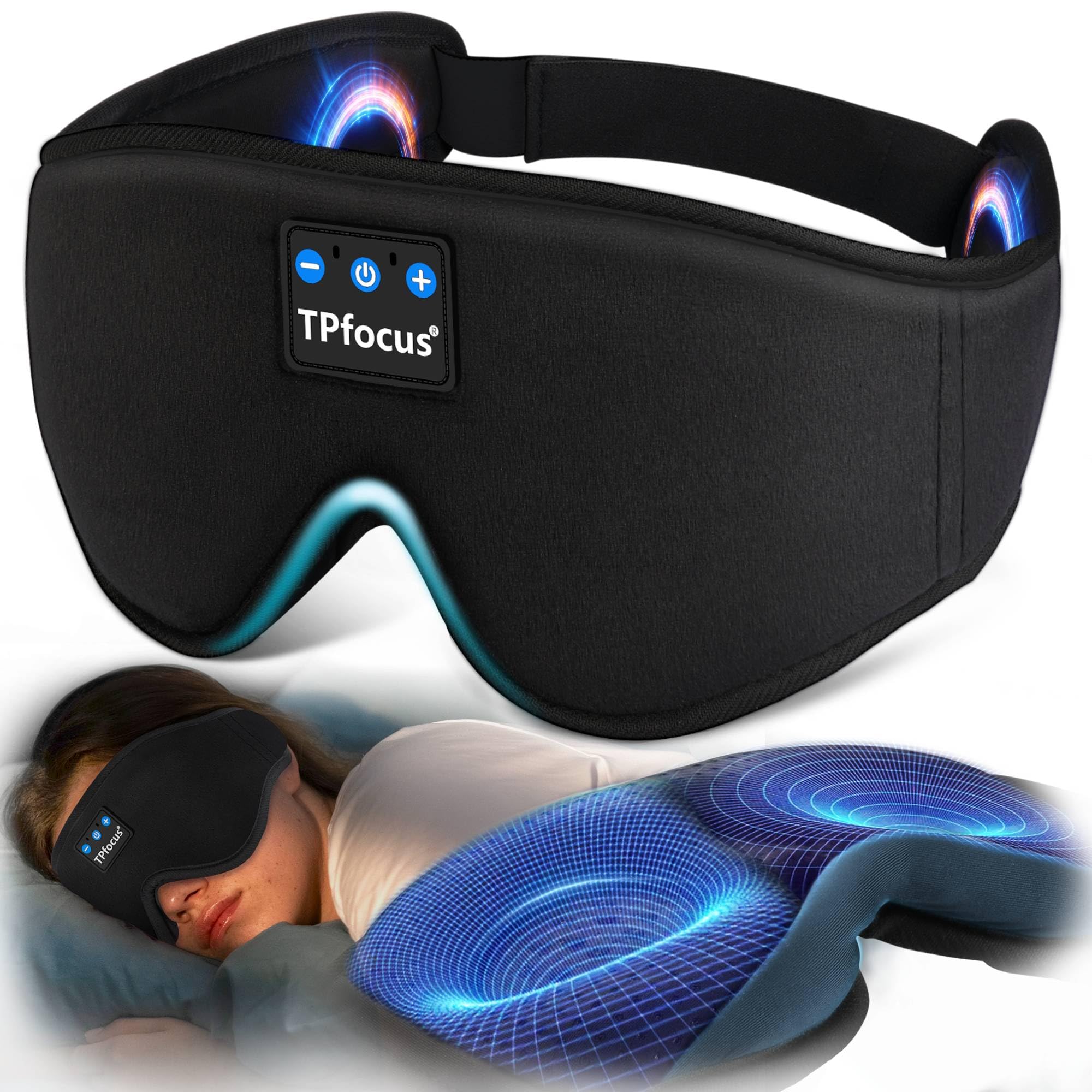 TPfocus Sleep Mask Headphones Bluetooth Sleep Headphones, Wireless Sleep Headphones for Side Office, Air Travel, Cool Tech Gadgets (3D-Classic Black)