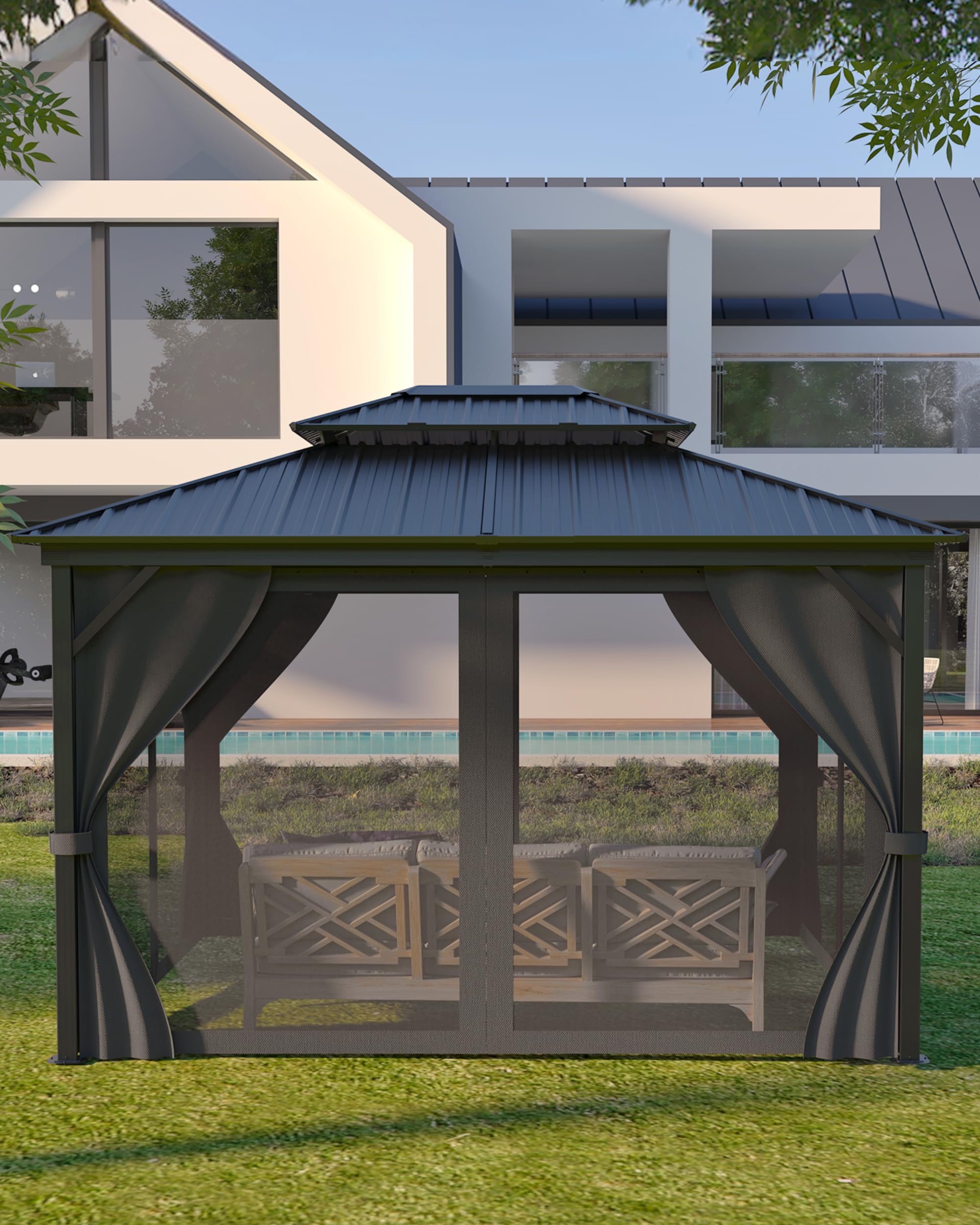 KYBOLT 10x12 Ft Hardtop Gazebos with Heavy Duty Double Roof, Nettings ...