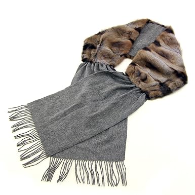 Amazon ラビットファー付きカシミヤショール マフラー グレー