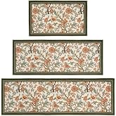 Jacobean Floral Kitchen Rugs Set of 3, Non-Slip Washable Runner Rug | Olive Green Soft Easy Clean Kitchen Mat for floor, Low Pile Faux Wool Home Decor Rug for Sink Laundry Bedroom Hallway