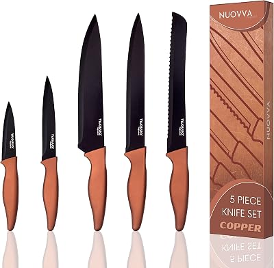 nuovva Sharp Kitchen Knife Set 5pcs Copper Black Non Stick Blades