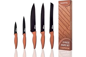 nuovva Sharp Kitchen Filleting Knives – 5pcs Copper Kitchen Knives – Black Non Stick Blades