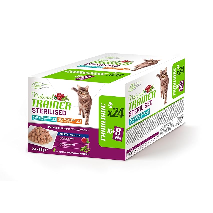 Natural Trainer Cibo Umido per Gatti Adulti Sterilizzati, Multipack Tacchino e Merluzzo