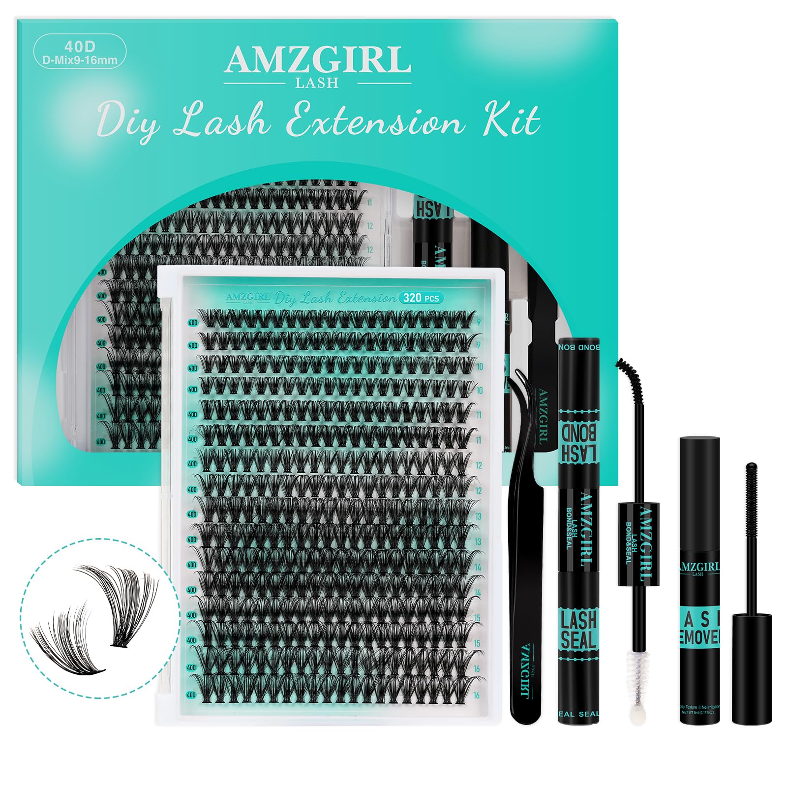 Lash Extension Kit 320Pcs,DIY Individual Lashes Clusters Kit,Lash Bond And Seal,Lash Remover For Eyelashes Extensions,Lash Applicator Tool For False Eyelash Cluster Kit At Home(40D,D-Mix9-16mm Kit) — image 1