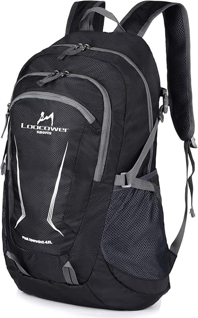 Loocower 45L Lightweight Foldable Backpack Black 45L Daypack Hiking