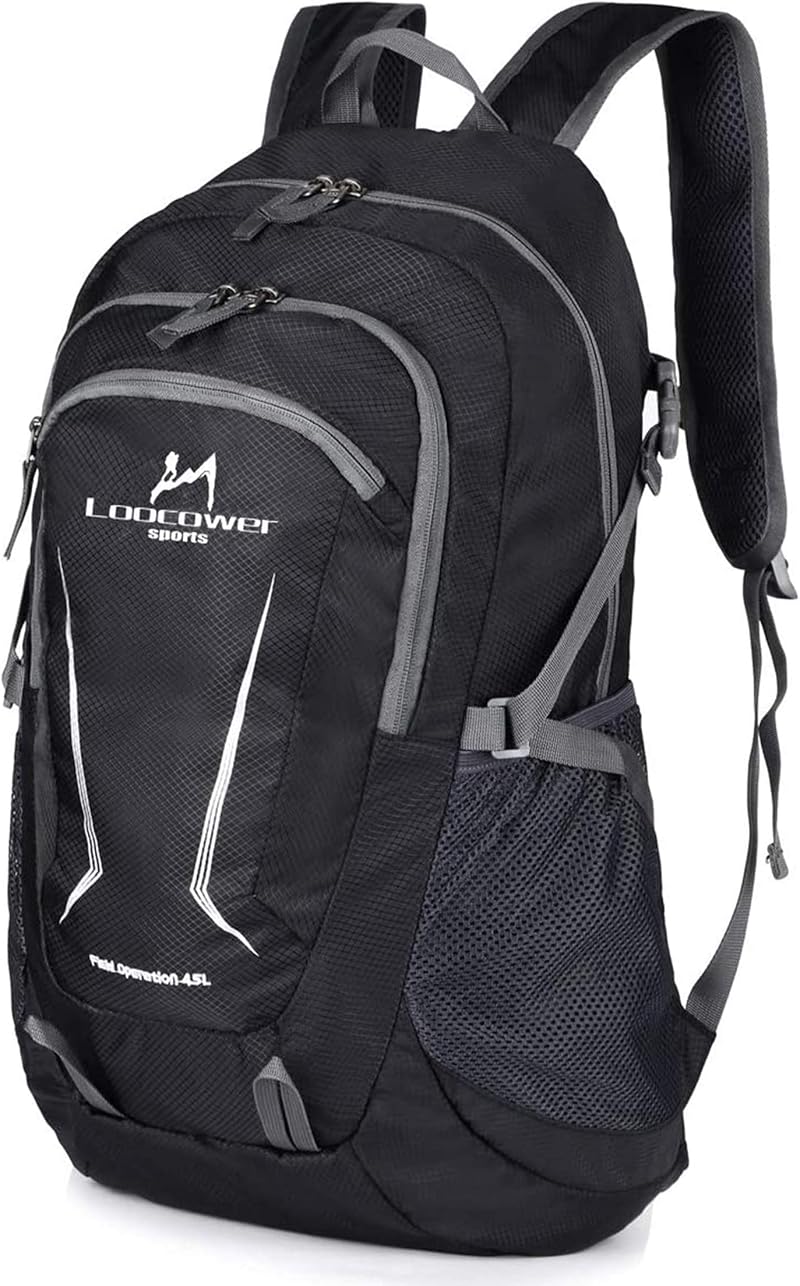 Loocower 45L Lightweight Foldable Backpack Black 45L Daypack Hiking