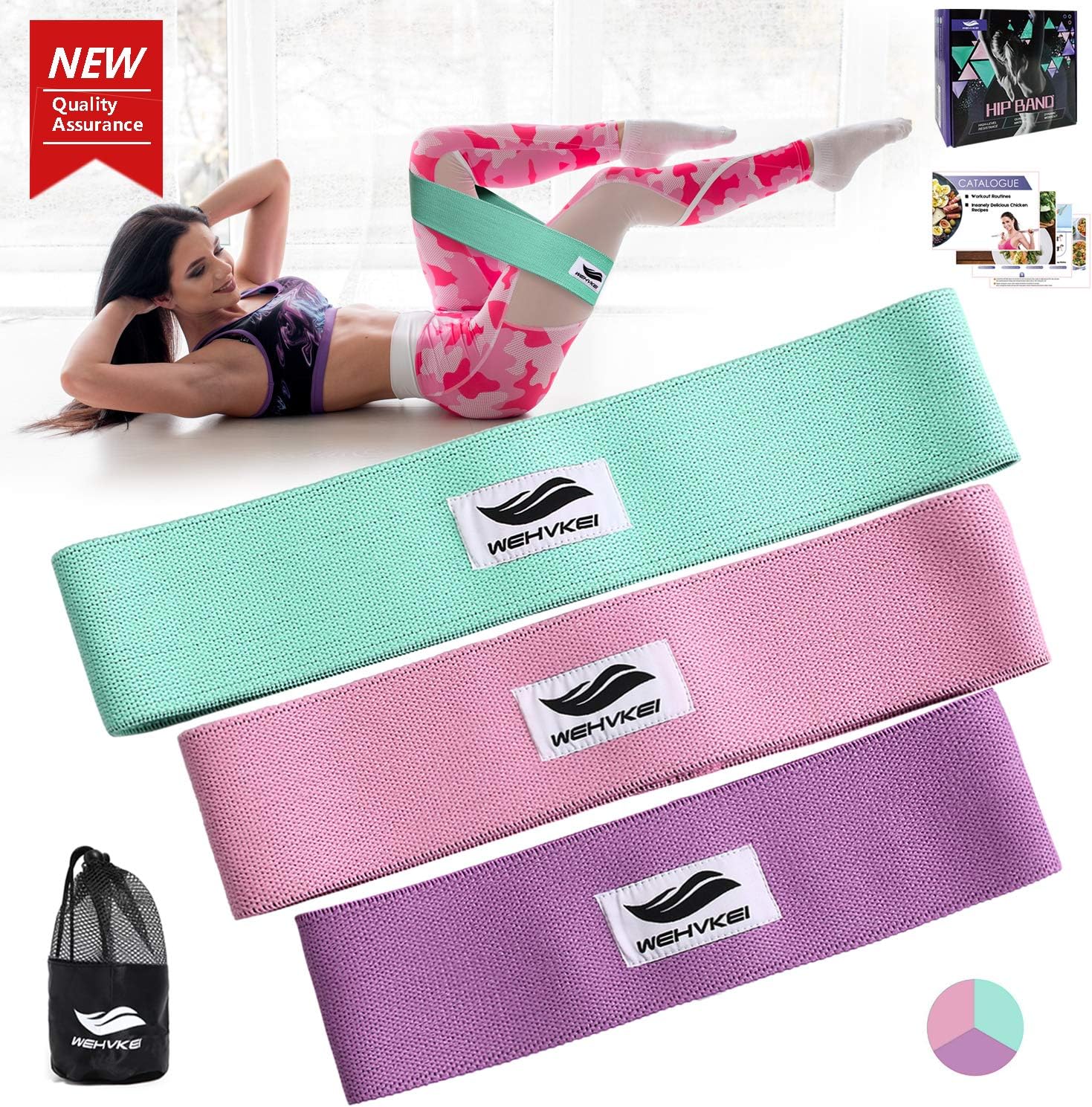 New Workout Resistance Bands for Booty and Legs Set, Cotton Fitness Hip Loop Circle Exercise Activate Glutes,Thighs and Quads - Non slip , Thick, Wide, Pink Purple and Green 3pcs (2019 Upgraded)