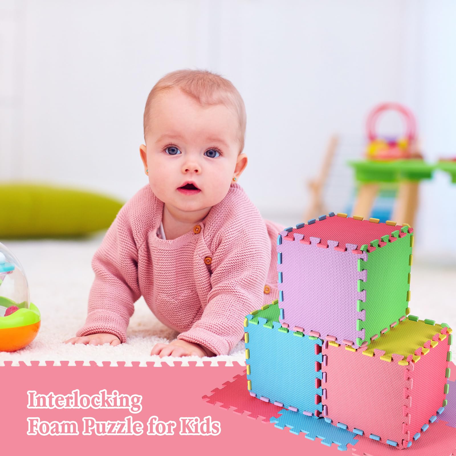 Nuanchu 60 Pcs Kids Foam Puzzle Floor Mat Bulk Solid Color Foam Play Mat with Borders Interlocking Multi Use Floor Rug for Baby Toddler Children Crawling Exercise Playroom 12 inch (Colorful)