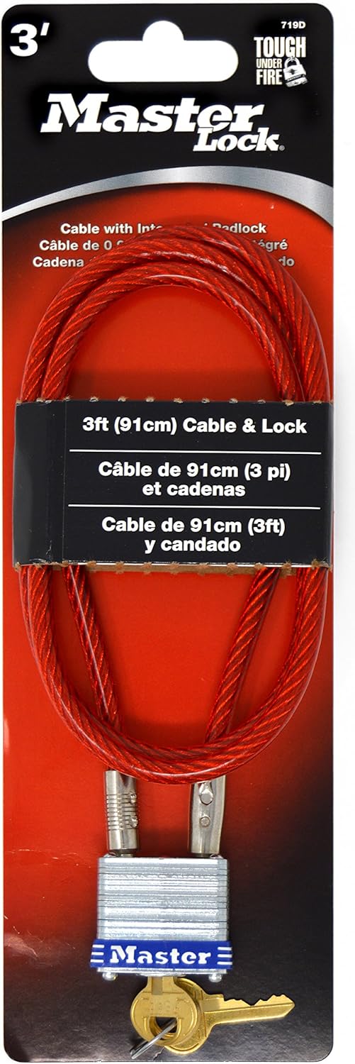 Master Lock 719D 3' Long x 3/16' Diameter Cable with Integrated Laminated Steel Padlock - Bike Chain Lock - 