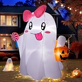 zukakii 5FT Halloween Inflatables Ghost, Cute Halloween Decorations Outdoor Blow Up Yard Decorations with Built-in Bright LED Lights Pumpkin Lollipop Bow Blow-ups for Indoor Outdoor Holiday Party
