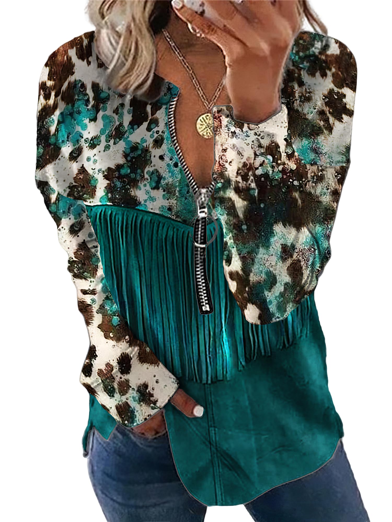 TIAFORD Women's Half Zip Cow Print Sweatshirt Long