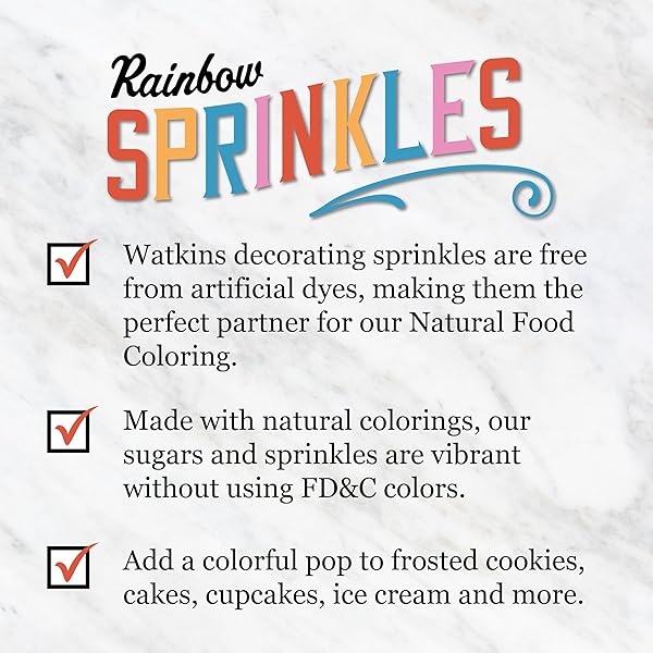 WATKINS RAINBOW DECORATING SPRINKLES, NO ARTIFICIAL DYES, KOSHER, 3.4 OUNCE JAR, 1-PACK