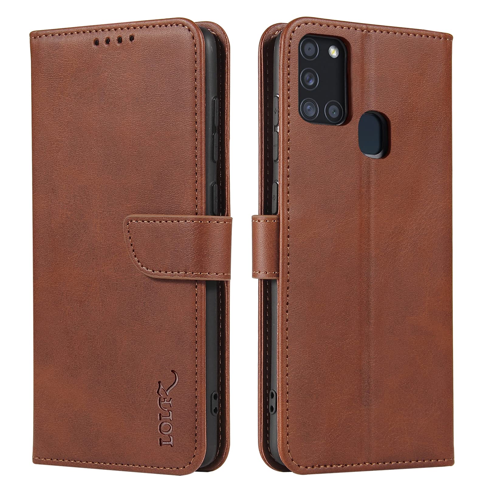 LOLFZ Wallet Case for Samsung Galaxy A21S, Vintage Leather Book Case with Card Holder Kickstand Magnetic Closure Flip Case Cover for Samsung Galaxy A21S - Coffee Brown