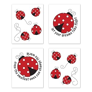 Sweet Jojo Designs Little Ladybug Wall Art Prints Room Decor for Baby, Nursery, and Kids - Set of 4 - Red, Black and White Polka Dot