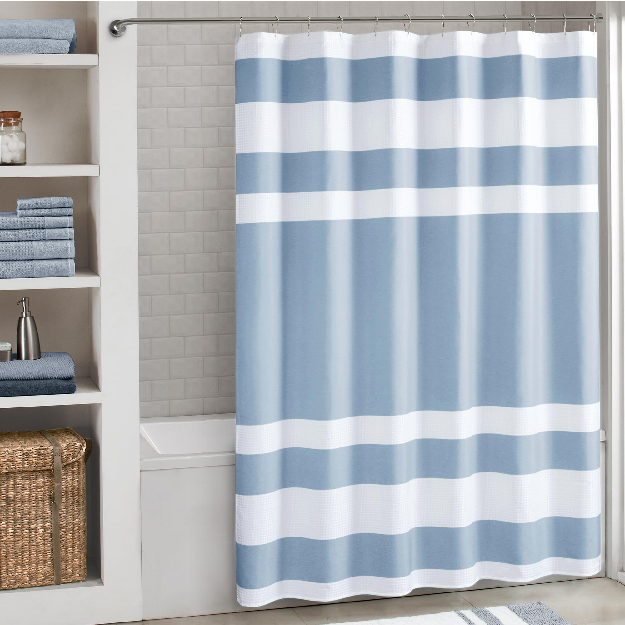 Madison Park Shower Curtain Waffle Weave Striped Pieced Design Fabric Shower Curtain with 3M Scotchgard Moisture Management Premium Spa Quality Modern Shower Curtains for Bathroom Tall 72"x84" Blue