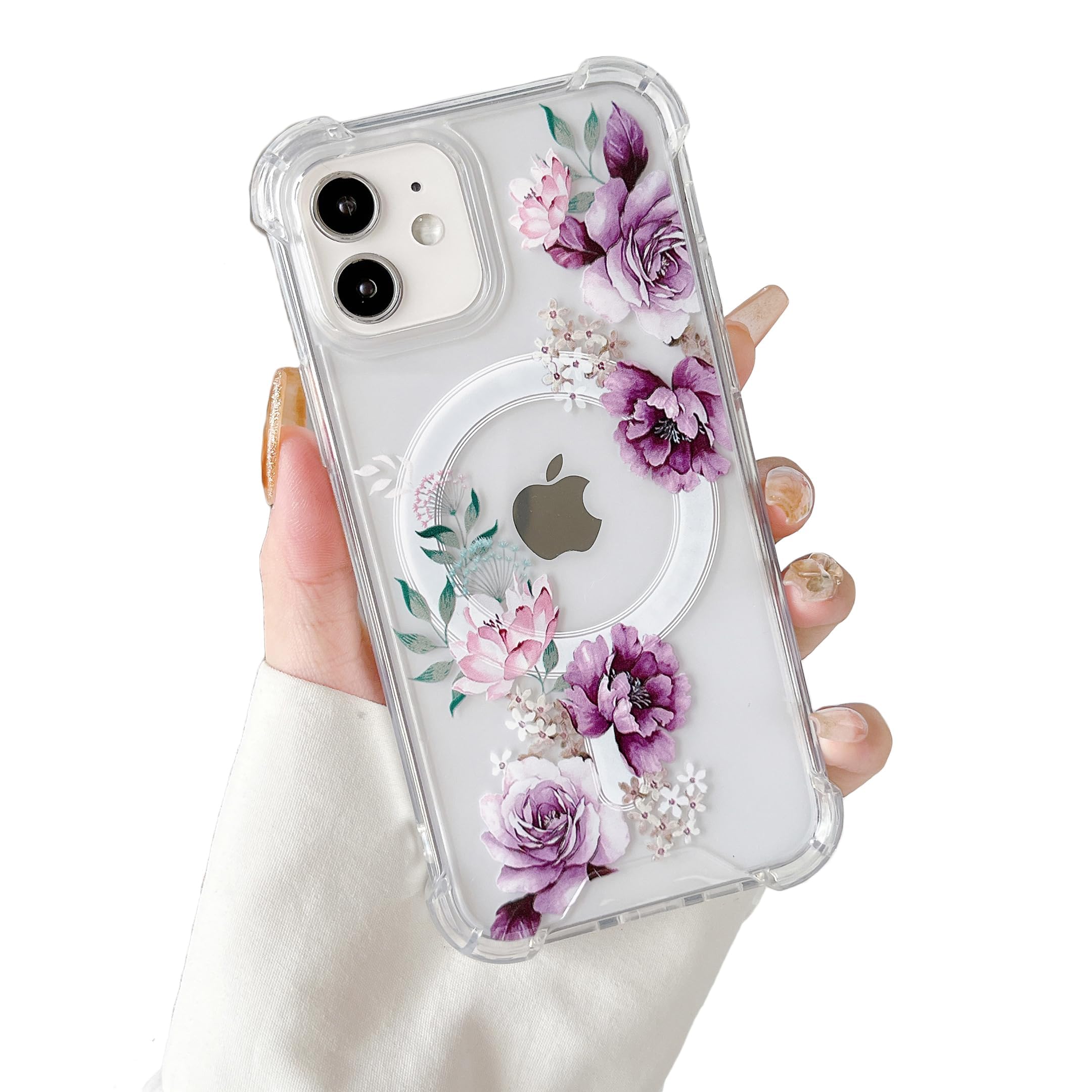 Photo 1 of DEFBSC Magnetic Case for iPhone 11 Work with Magsafe Clear Floral Flower Pattern Print Design Flexible Acrylic Shockproof Cover for Women Girls,Flower Protective Phone Case,Purple Peony