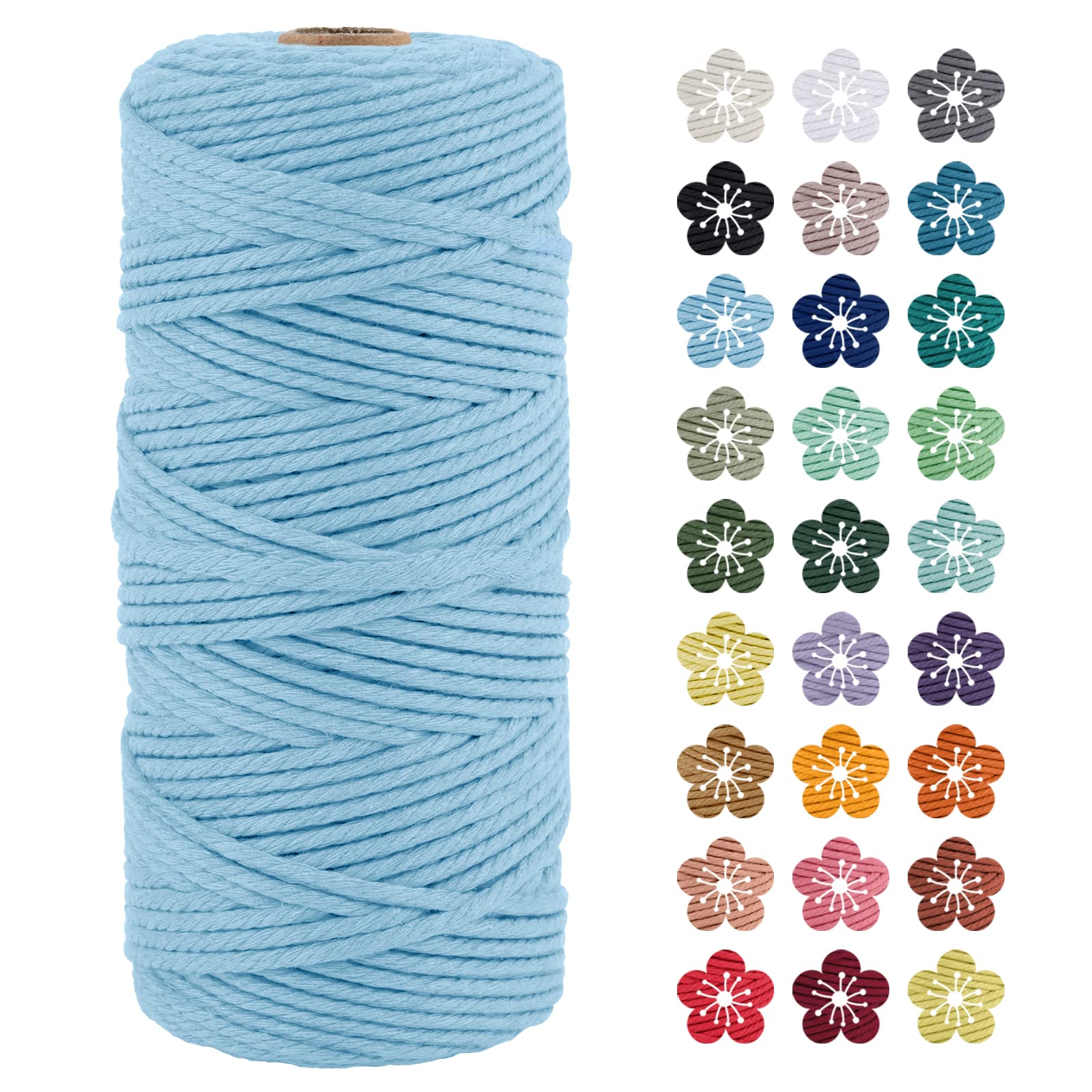 LEREATI Macrame Cord 3mm x 100m, Thick Macrame Rope Natural Cotton Rope Craft String, 4 Strand Twisted Cotton Cord Yarn for DIY Plant Hanger, Wall Hanging, Christmas Decoration (Sky blue)