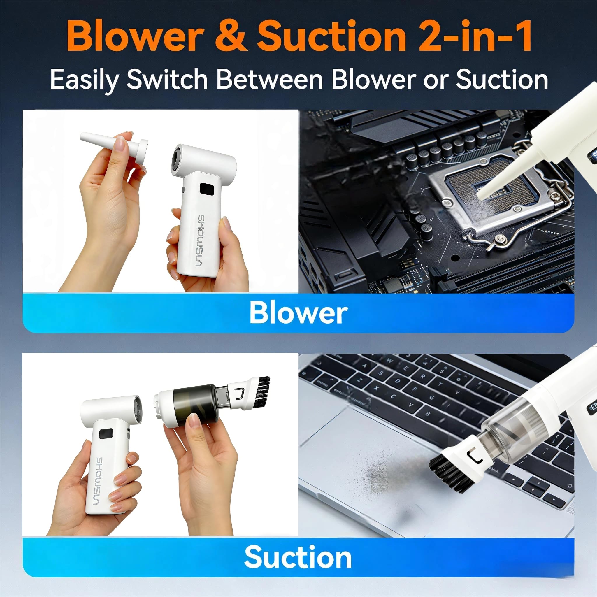 SHOWSUN Portable Handheld Fan, 3-in-1 80,000 RPM Turbo Fan with 6 Speeds, USB-C Rechargeable Battery, Handheld Mini Vacuum and Air Blower for Computer, Keyboard, Travel, Camping, Hiking