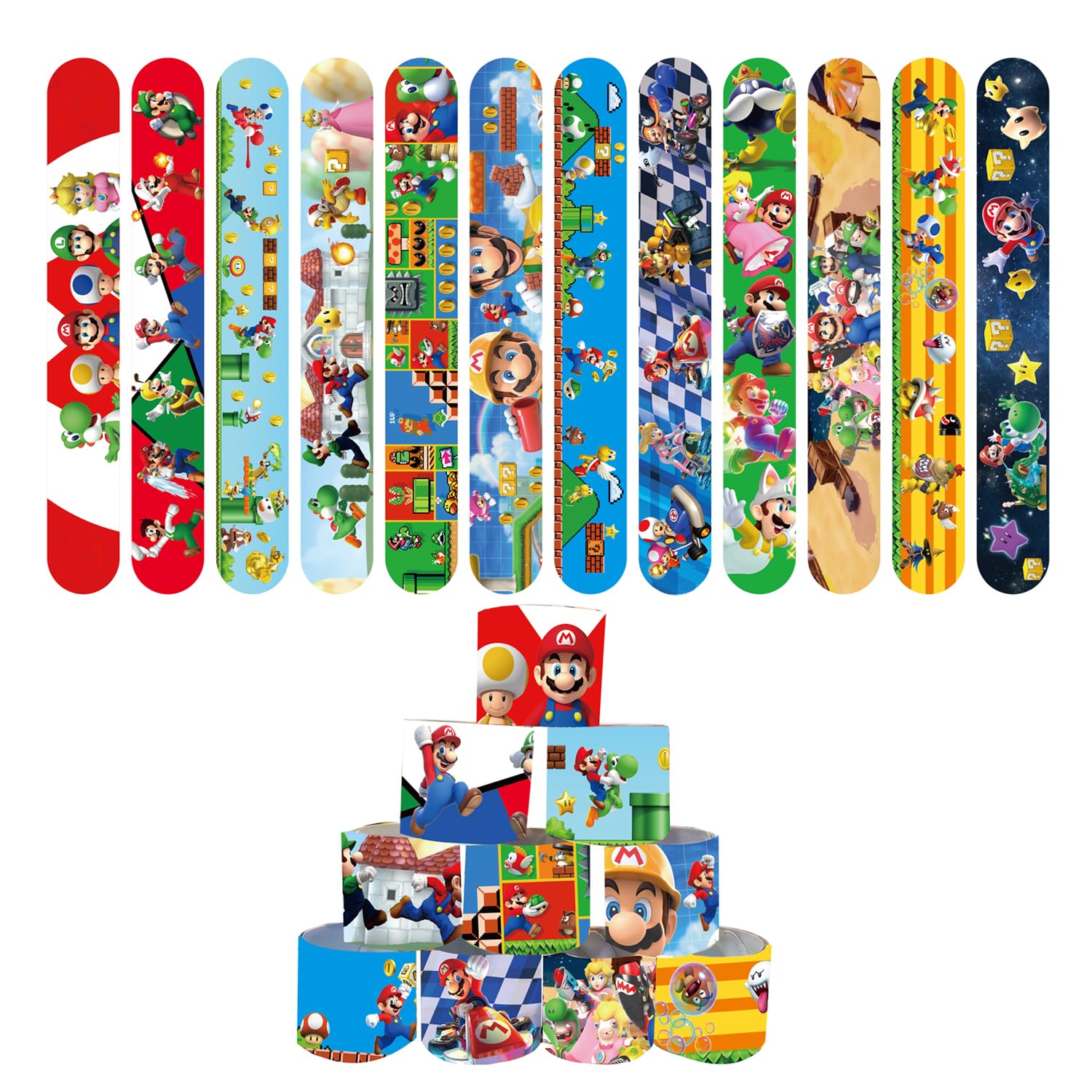 24Pcs Slap Bands Marrio, Bracelets for Kids Party Bags Fillers, Kid's Party Favors Slap Wrist Bands for Kids Boys Girls, Birthday Christmas Favours Multicolour