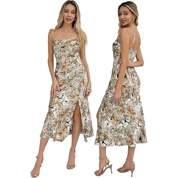 Fashionme Satin Dress Cowl Neck Floral Slip Midi Sundress Dresses Bodycon  Side Slit Wedding Guest Party Vacation Beach Evening Dress Summer Cream at  Amazon Women's Clothing store