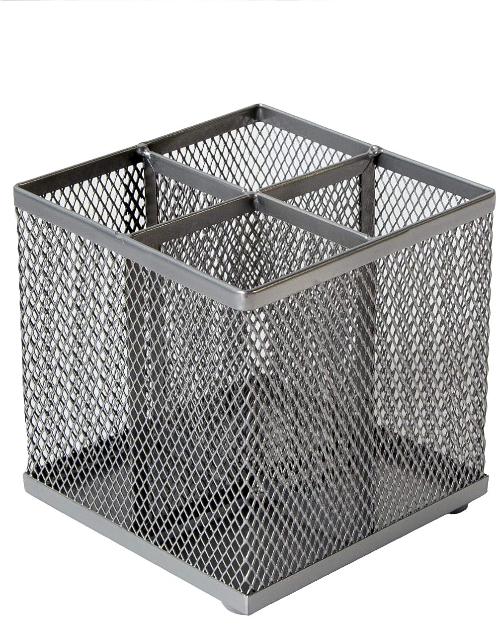 Osco Silver Wiremesh Square Pen Pot 4 Compartment Desk Tidy