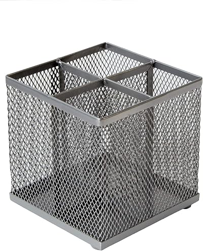 Osco Silver Wiremesh Square Pen Pot 4 Compartment Desk Tidy